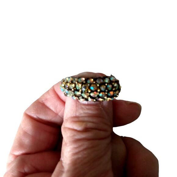 Vintage Crescent Moon Brooch Aurora Borealis Rhinestones Gold Tone VTG - Picture 2 of 14